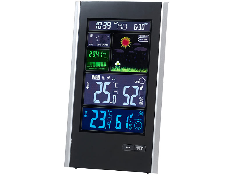 ; Funk-Wetterstationen mit Außensensor, WLAN und App, Wetterstationen mit Farb-Display, Funkuhr und Außensensor 