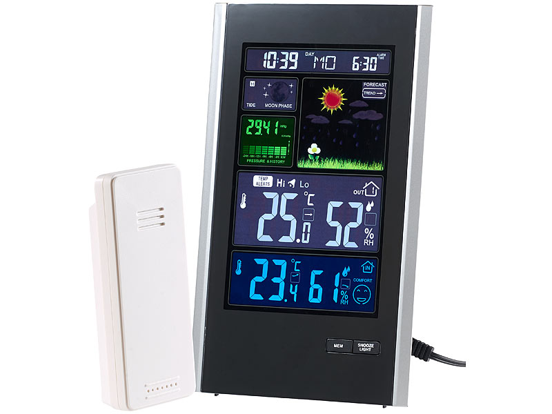 ; Funk-Wetterstationen mit Außensensor, WLAN und App, Wetterstationen mit Farb-Display, Funkuhr und Außensensor 