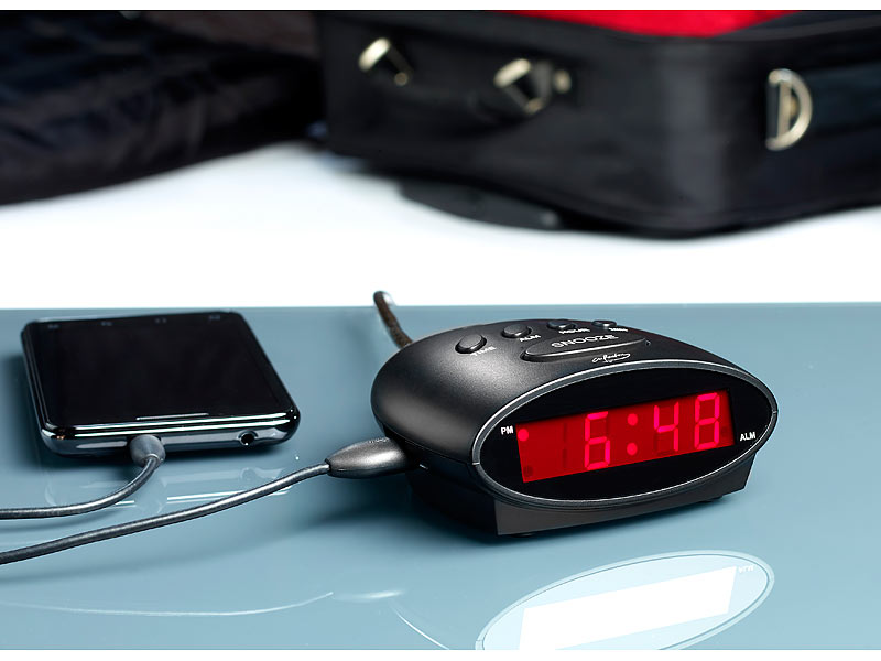 ; Funk-Wecker mit 2 Weckzeiten, USB-Ladestation und Thermometer Funk-Wecker mit 2 Weckzeiten, USB-Ladestation und Thermometer 