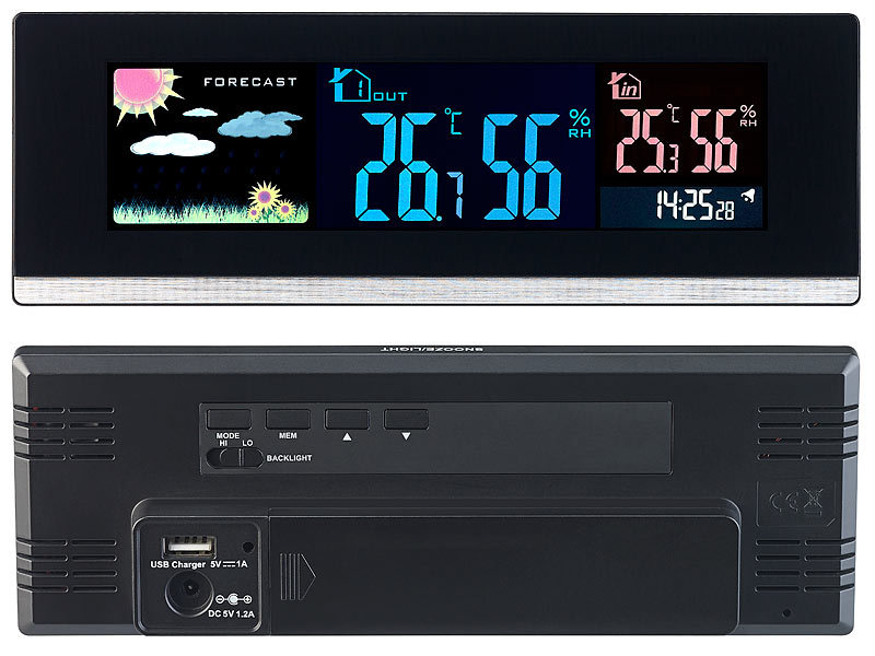 ; Funk-Wetterstationen mit Außensensor, WLAN und App, Wetterstationen mit Farb-Display, Funkuhr und Außensensor 