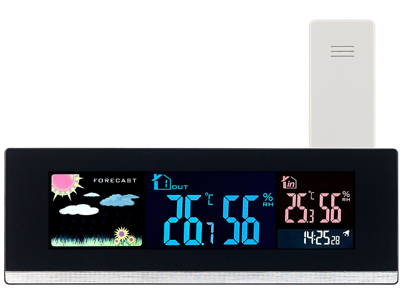 ; Funk-Wetterstationen mit Außensensor, WLAN und App, Wetterstationen mit Farb-Display, Funkuhr und Außensensor 