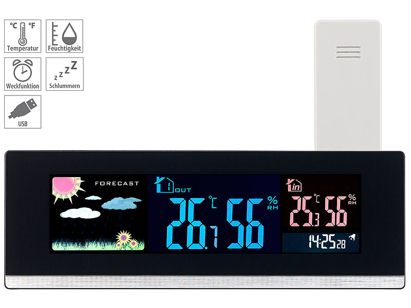 ; Funk-Wetterstationen mit Außensensor, WLAN und App, Wetterstationen mit Farb-Display, Funkuhr und Außensensor 