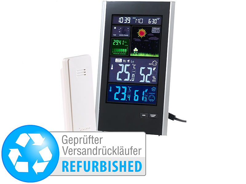 ; Funk-Wetterstationen mit Außensensor, WLAN und App, Wetterstationen mit Farb-Display, Funkuhr und Außensensor 