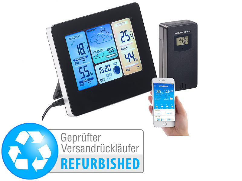 ; Funk-Wetterstationen mit Außensensor, WLAN und App, Wetterstationen mit Farb-Display, Funkuhr und Außensensor 