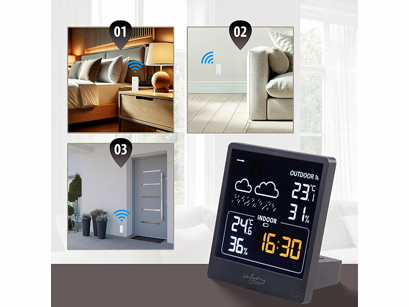 ; Funk-Wetterstationen mit Außensensor, WLAN und App, Wetterstationen mit Farb-Display, Funkuhr und Außensensor Funk-Wetterstationen mit Außensensor, WLAN und App, Wetterstationen mit Farb-Display, Funkuhr und Außensensor Funk-Wetterstationen mit Außensensor, WLAN und App, Wetterstationen mit Farb-Display, Funkuhr und Außensensor 